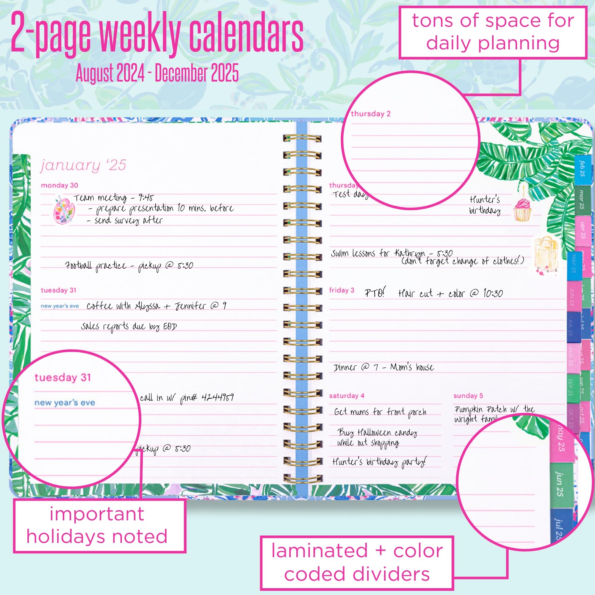 Amazon Lilly Pulitzer Daily Planner Dated August 2024 December 2025 Weekly Agenda With Monthly Calendar Stickers Pockets Spiral Binding Just A Pinch Office Products