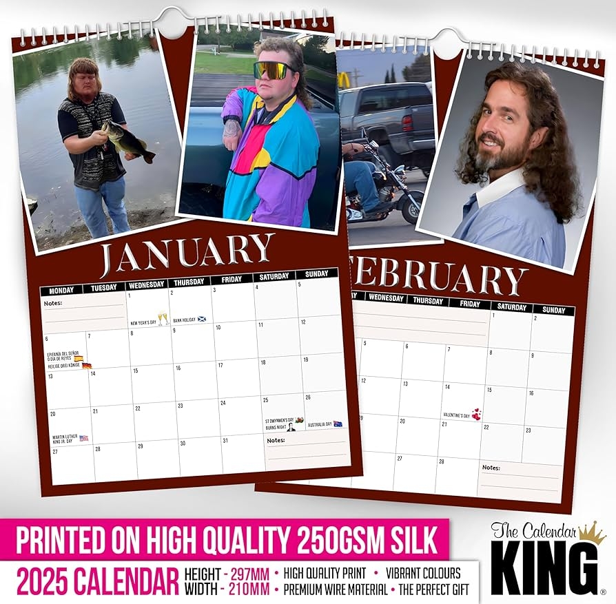 Amazon The Calendar King World s Greatest Mullets 2025 Wall Calendar A4 Size 210mm X 297mm Office Products