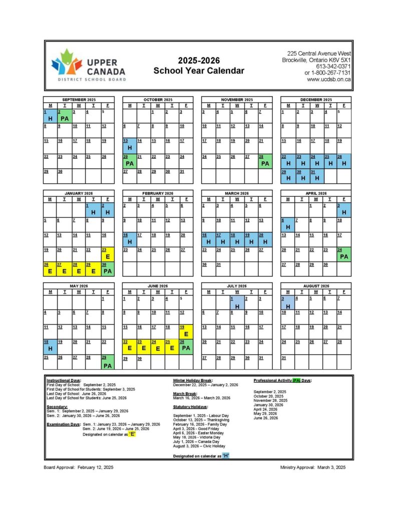 Approved 2025 2026 School Year Calendar Upper Canada District School Board