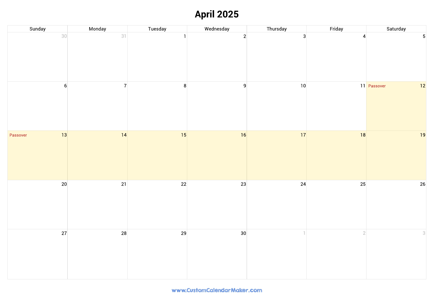 April 2025 Jewish Calendar With Hebrew Holidays Custom Calendar Maker
