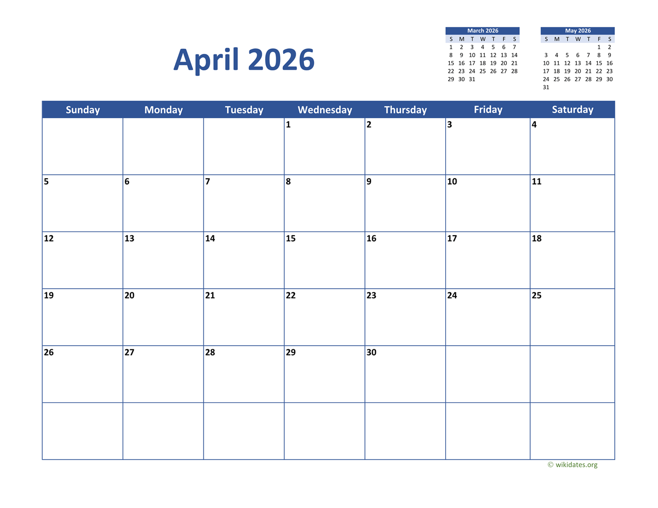 April 2026 Calendar Classic WikiDates