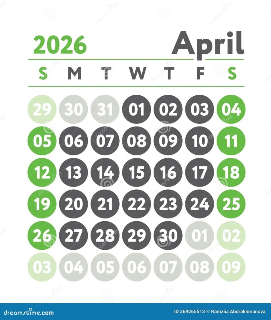 April 2026 Calendar New Year Planner Design English Calender Green Color Vector Template Week Starts On Sunday Stock Illustration Illustration Of White Holiday 369265513
