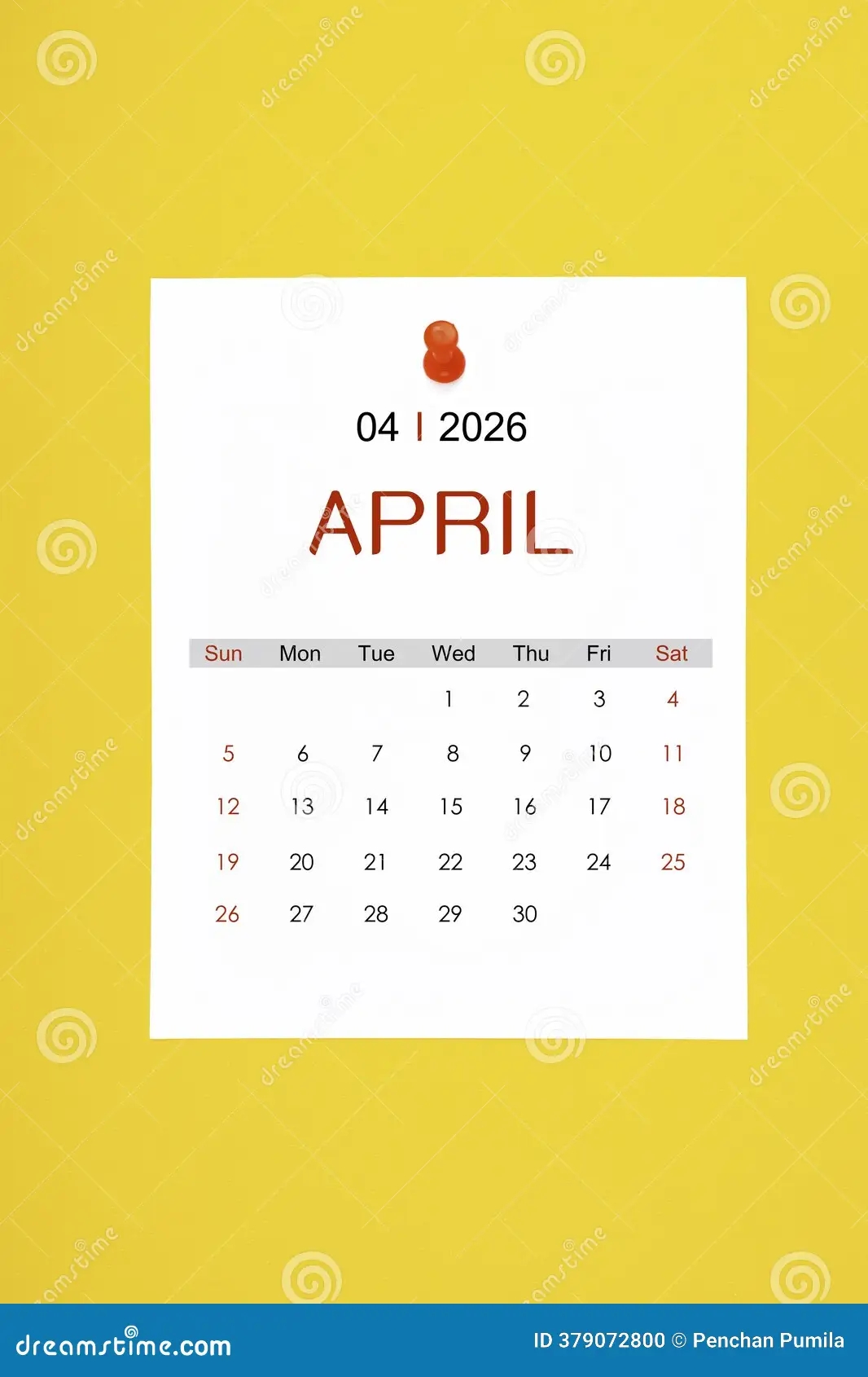 April 2026 Calendar Page With Push Pin On Yellow Background Stock Photo Image Of Space White 379072800