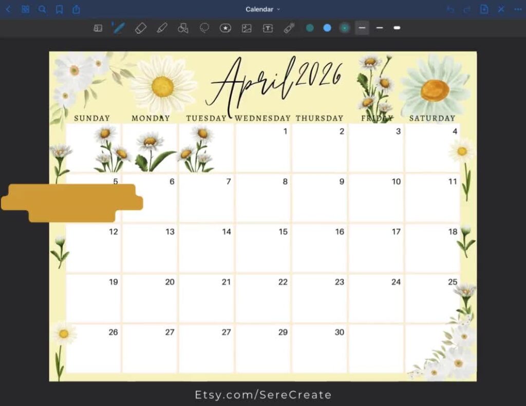 April 2026 Digital Calendar Yellow White Daisies Editable Fillable Printable Calendar For Planning PDF PNG And JPG Download Etsy