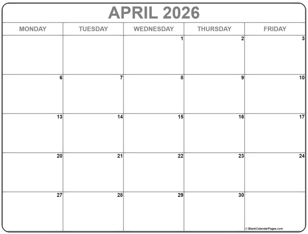 April 2026 Monday Calendar Monday To Sunday