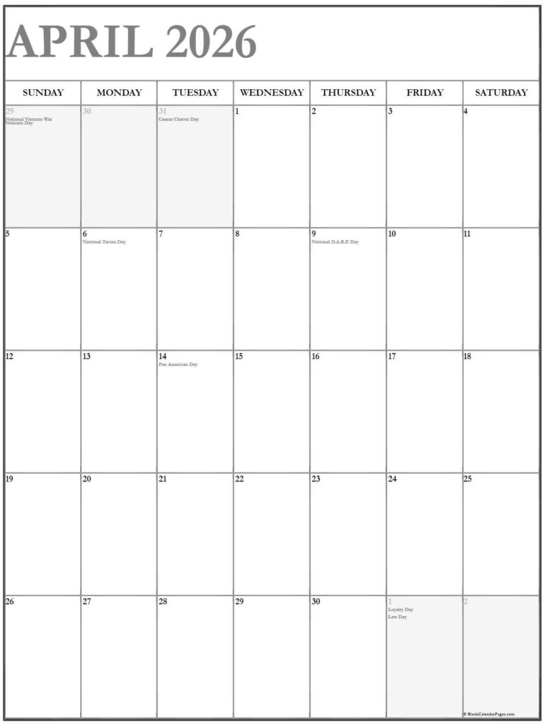 April 2026 Vertical Calendar Portrait