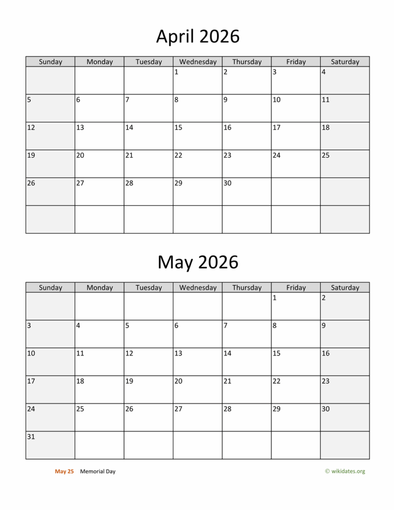 April And May 2026 Calendar WikiDates