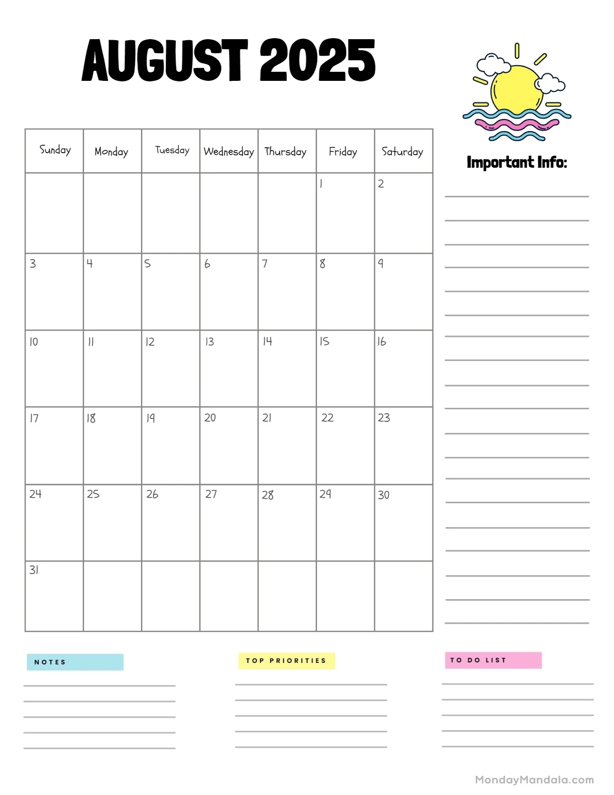 August Calendar 2025 Portrait