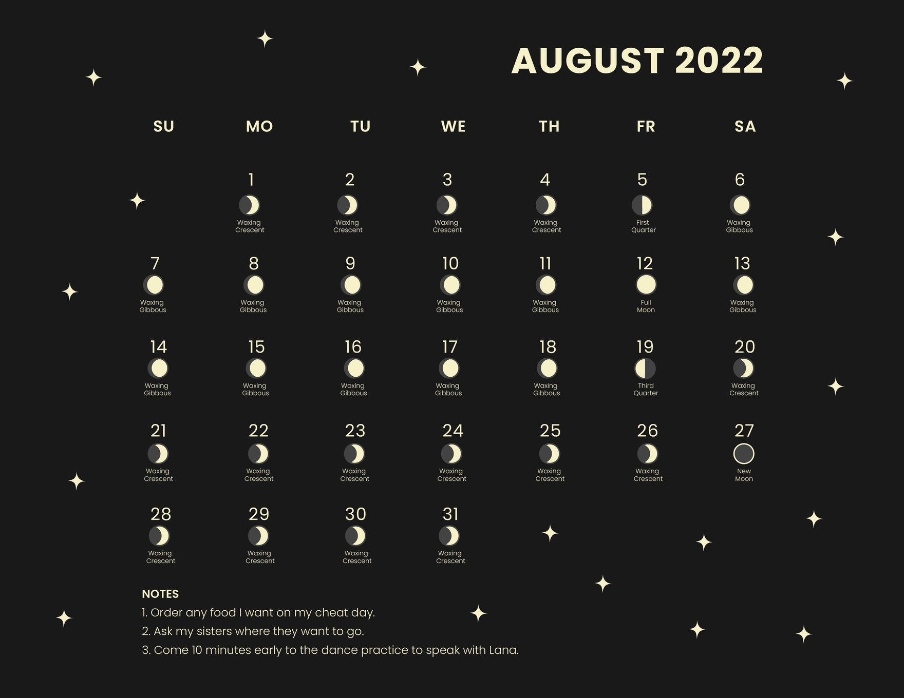 August 2025 Calendar Template With Moon Phases In Illustrator JPG EPS Excel Word SVG Google Docs Google Sheets To Download Template