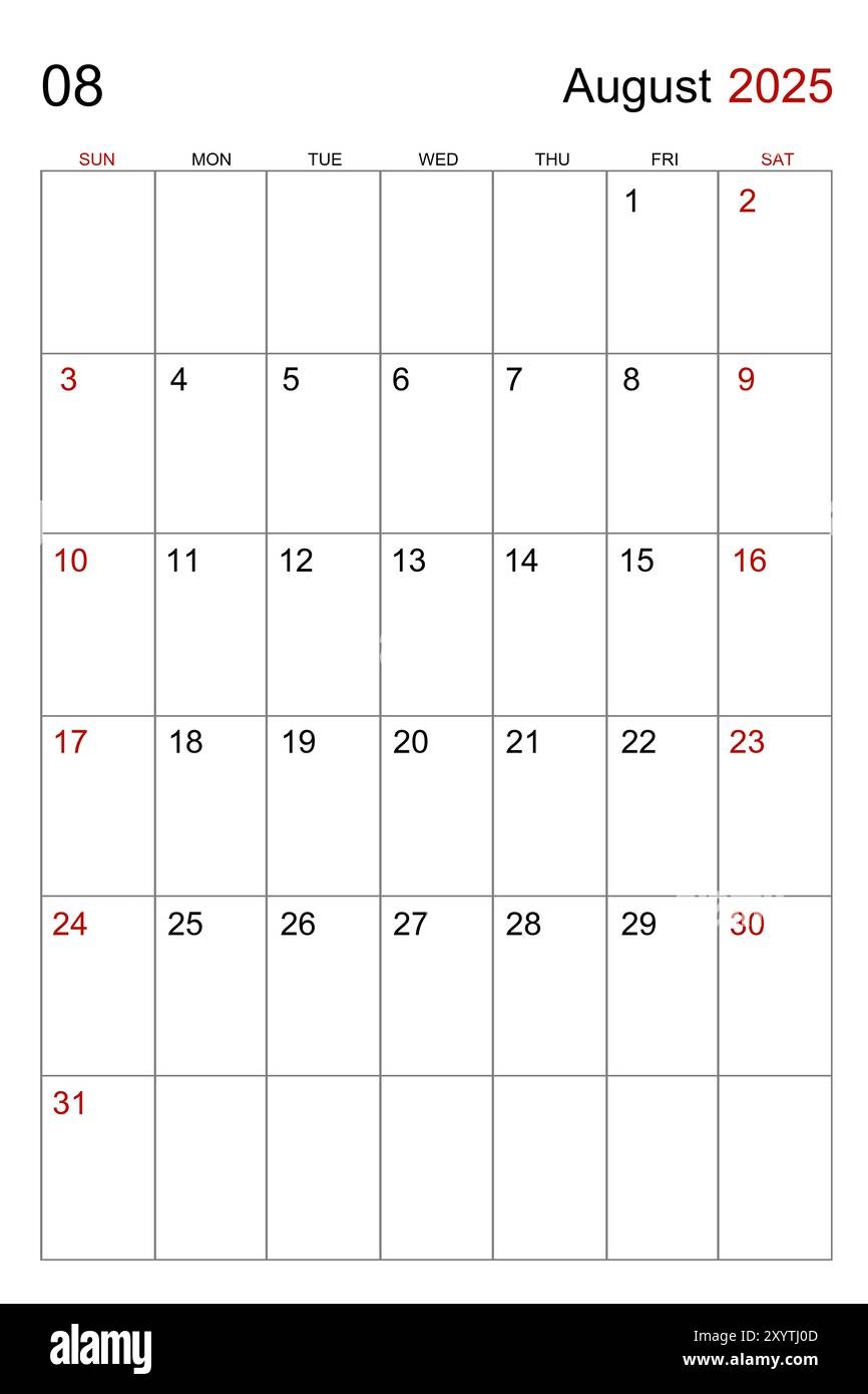 August 2025 Calendar Vertical Template On White Background Stock Photo Alamy