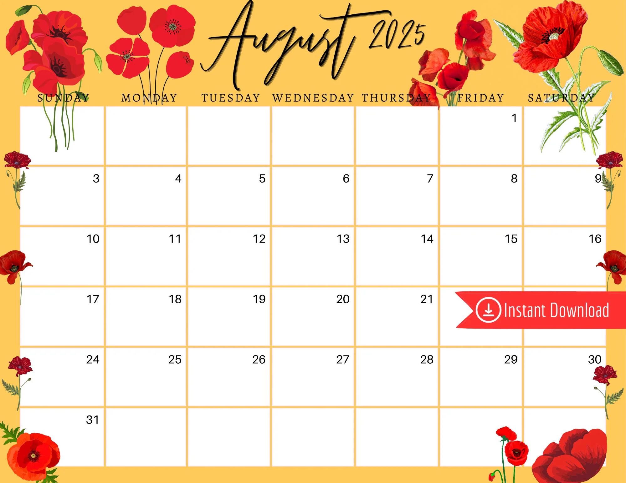August 2025 Digital Calendar Red Poppy Flowers Planner Editable Fillable Printable Calendar For Planning PDF PNG And JPG Download Etsy August 2025 Digital Calendar Red Poppy Flowers Planner Editable Fillable Printable Calendar For Planning PDF PNG And JPG Download Etsy
