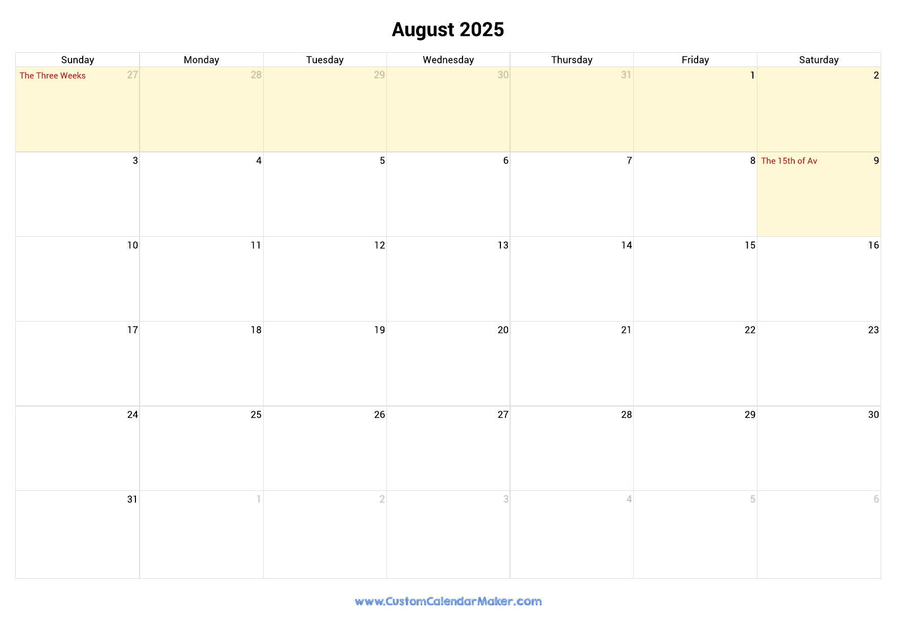 August 2025 Jewish Calendar With Hebrew Holidays Custom Calendar Maker