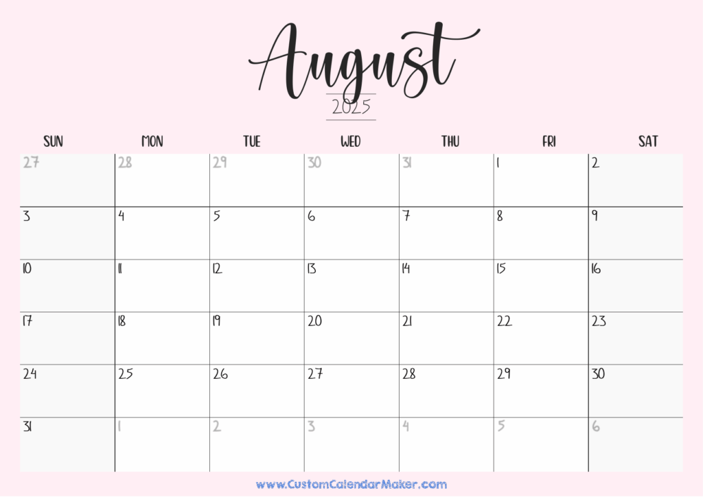 August 2025 Printable Calendar 23 Free Templates PDF Custom Calendar Maker