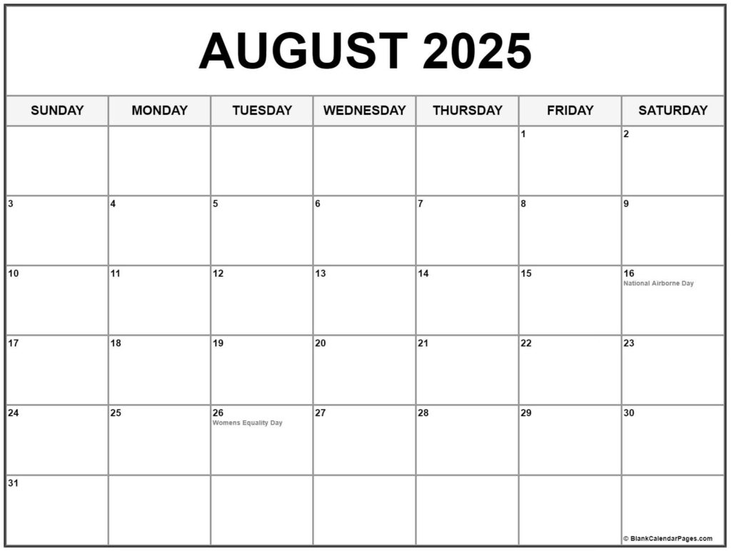 August 2025 With Holidays Calendar