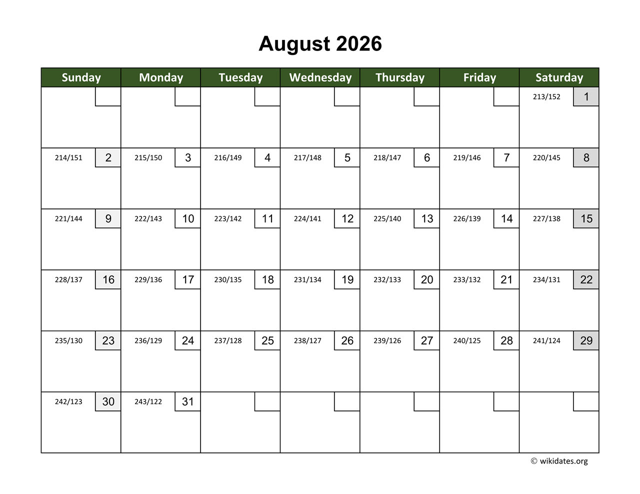 August 2026 Calendar With Day Numbers WikiDates