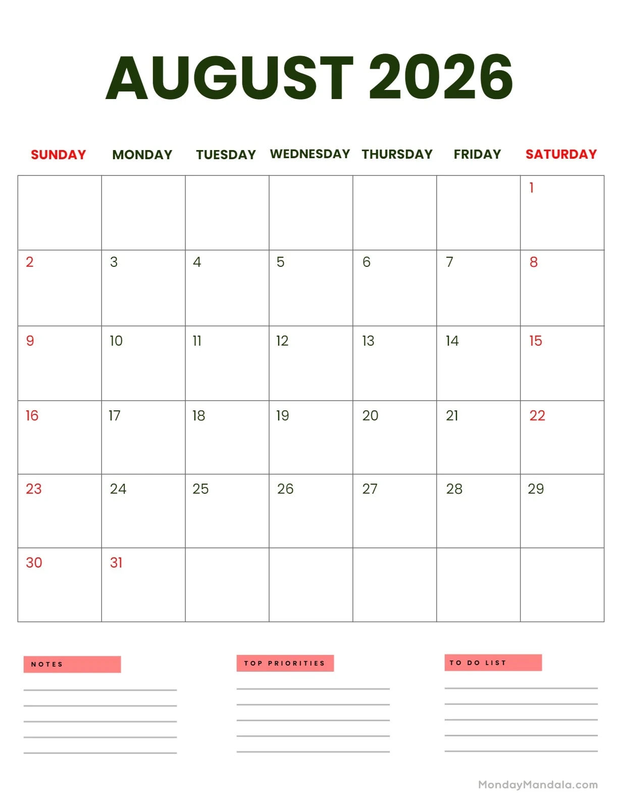 August 2026 Calendars 52 Free PDF Printables 