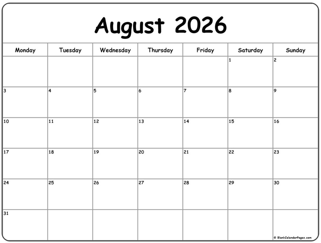 August 2026 Monday Calendar Monday To Sunday