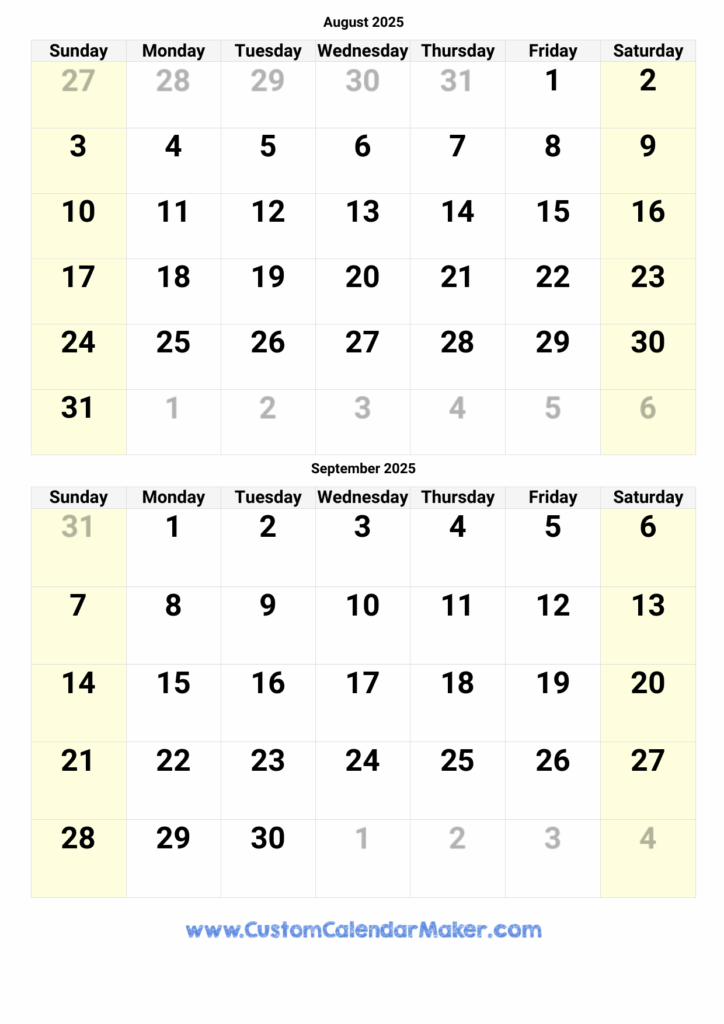 August And September 2025 Calendar Custom Calendar Maker