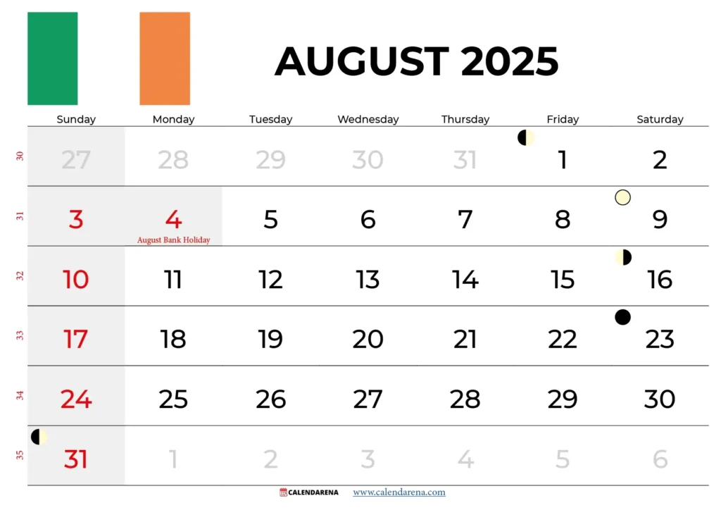 August Calendar 2025 Ireland With Holidays