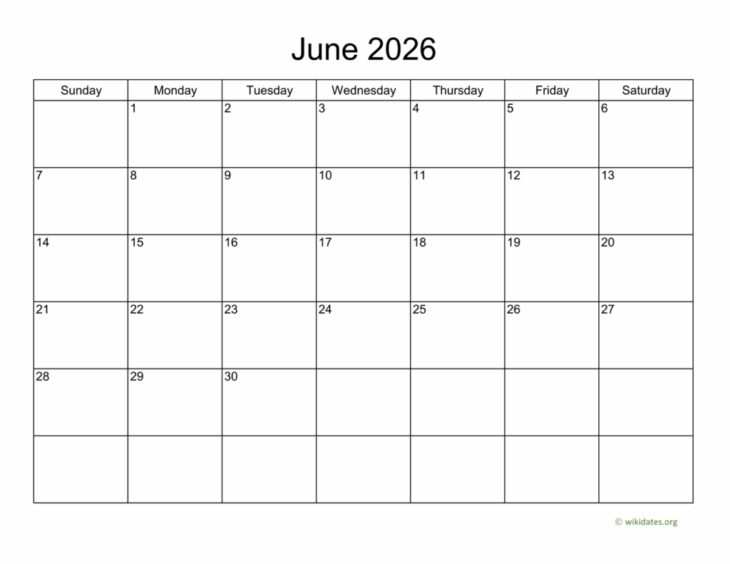 Basic Calendar For June 2026 WikiDates