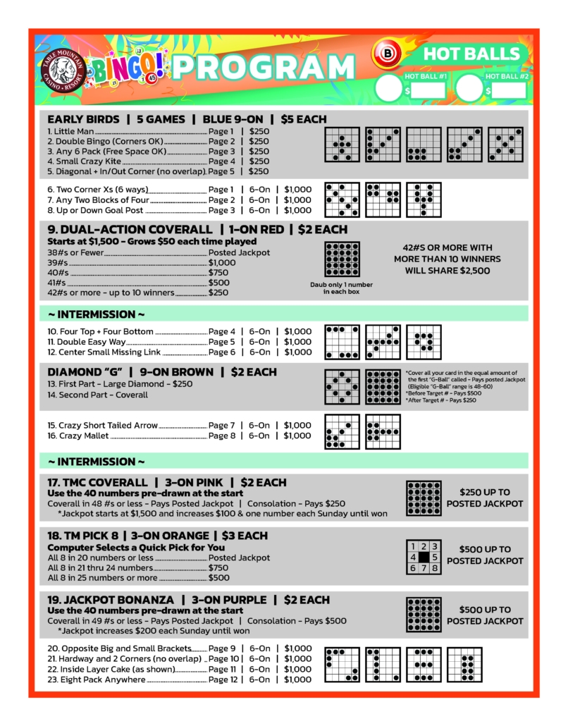 Bingo Table Mountain Casino Slots Table Games Entertainment More