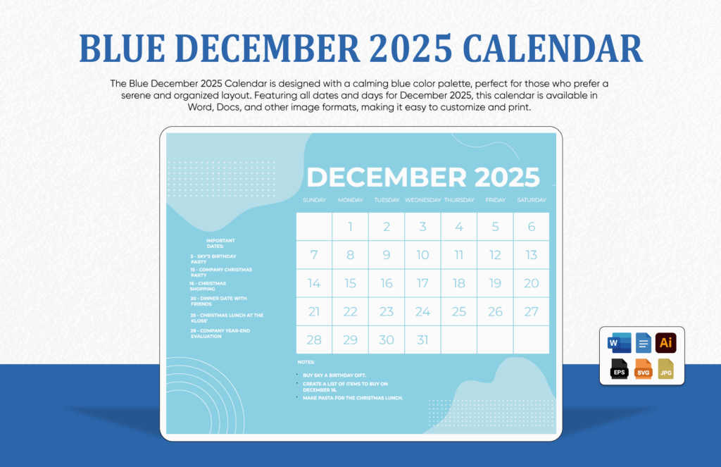 Blue December 2025 Calendar In EPS Illustrator JPG Word SVG Google Docs To Download Template