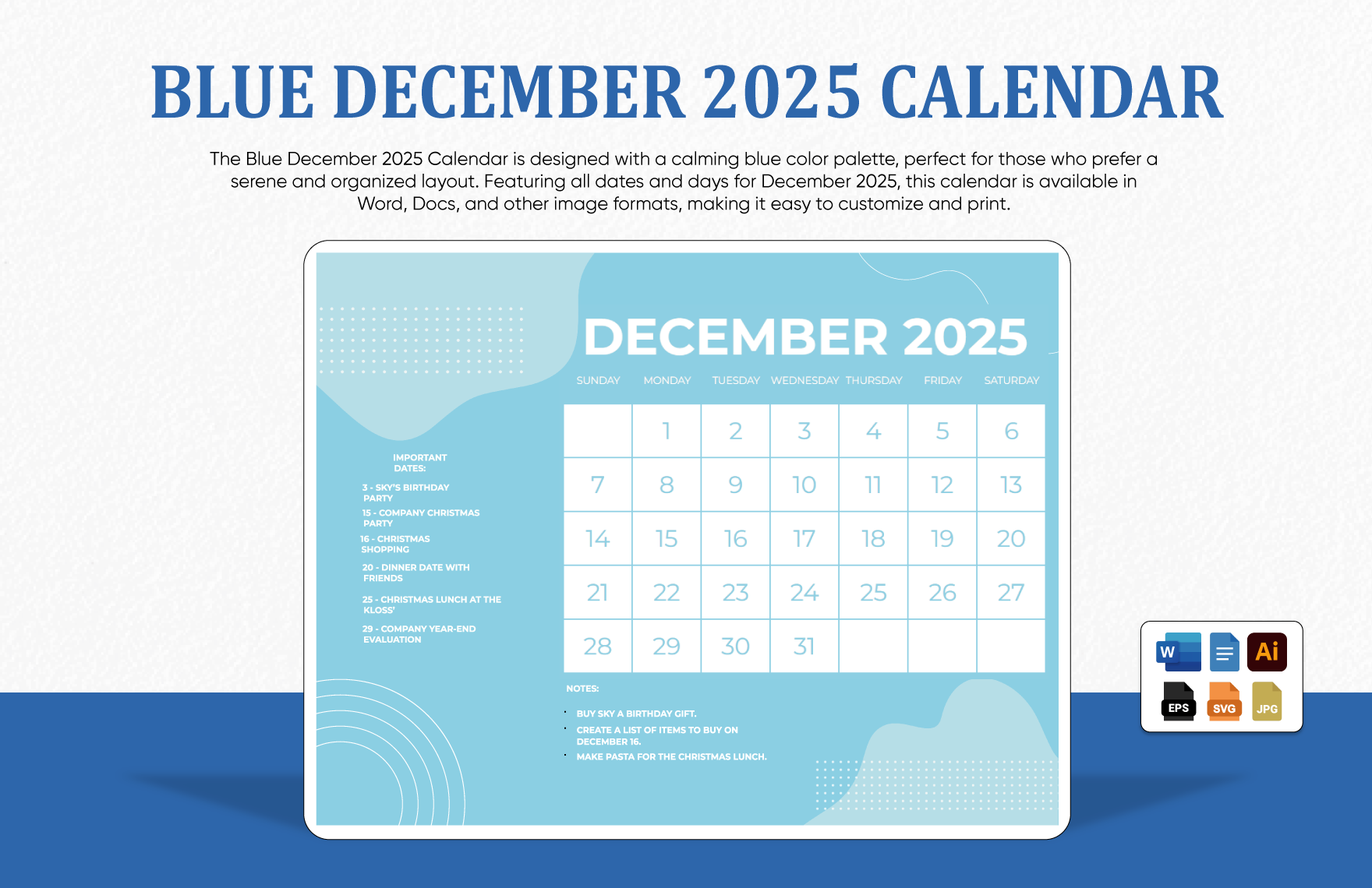 Blue December 2025 Calendar In EPS Illustrator JPG Word SVG Google Docs To Download Template Blue December 2025 Calendar In EPS Illustrator JPG Word SVG Google Docs To Download Template