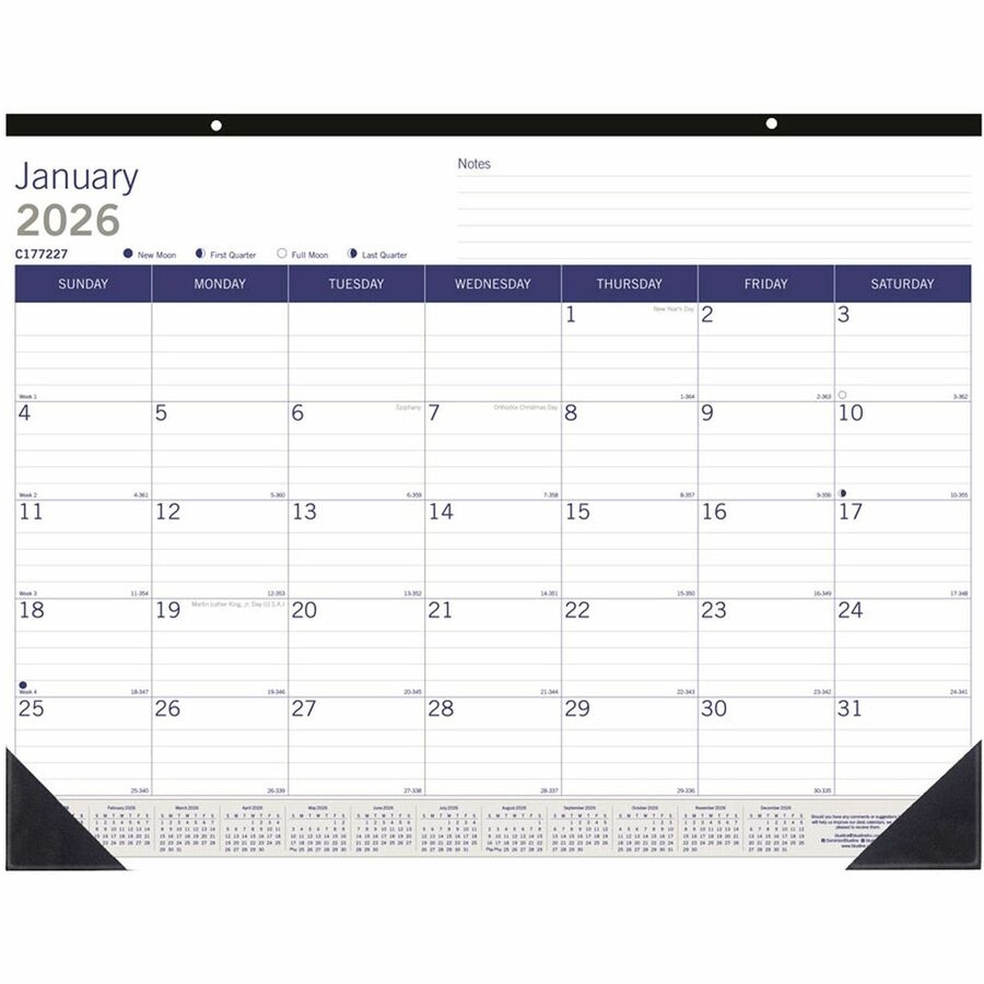 Blueline DuraGlobe Monthly Desk Pad Calendar 22 x 17 English Julian Dates Monthly 12 Month January 2026 To December 2026 1 Month Single Page Layout 17 