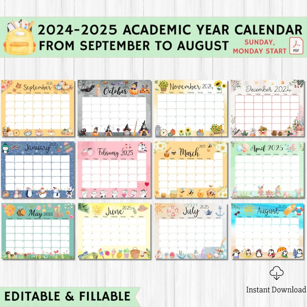 Buy EDITABLE Academic Calendar 2024 2025 From September To August Printable Fillable Planner Monthly Kids Schedule Homeschool Calendar Online In India Etsy