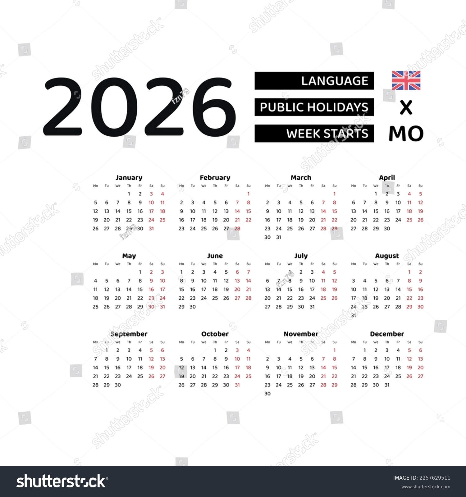 Calendar 2026 English Language United Kingdom Stock Vector Royalty Free 2257629511 Shutterstock