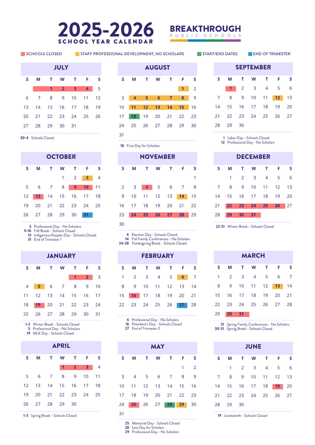 Calendar Breakthrough Public Schools BPS Calendar Breakthrough Public Schools BPS