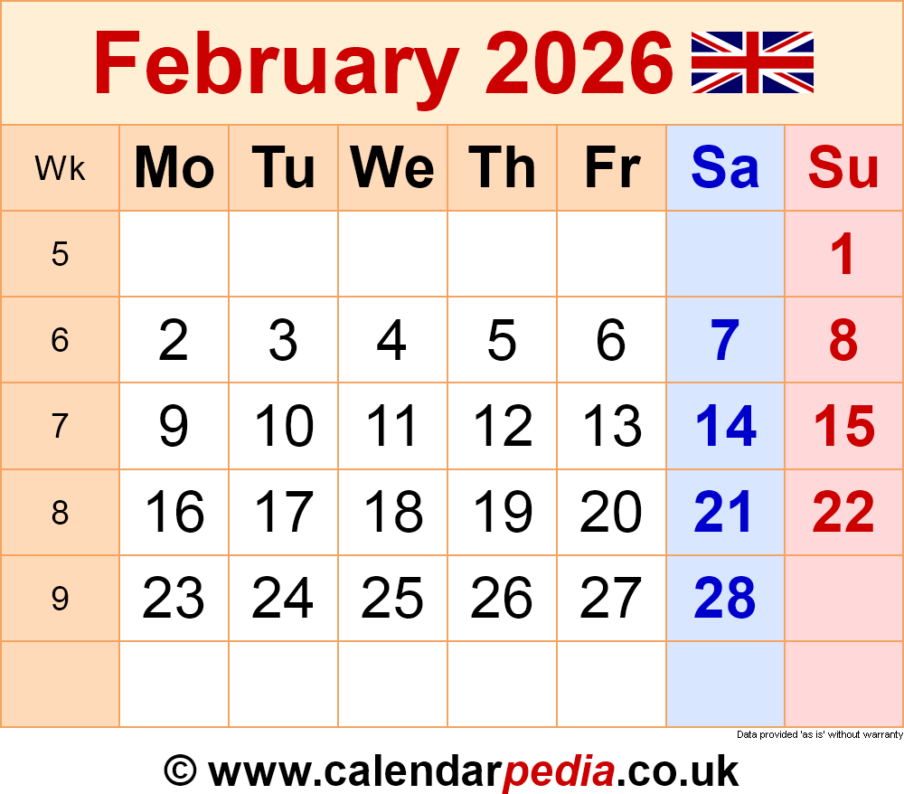 Calendar February 2026 UK With PDF Excel And Word Templates