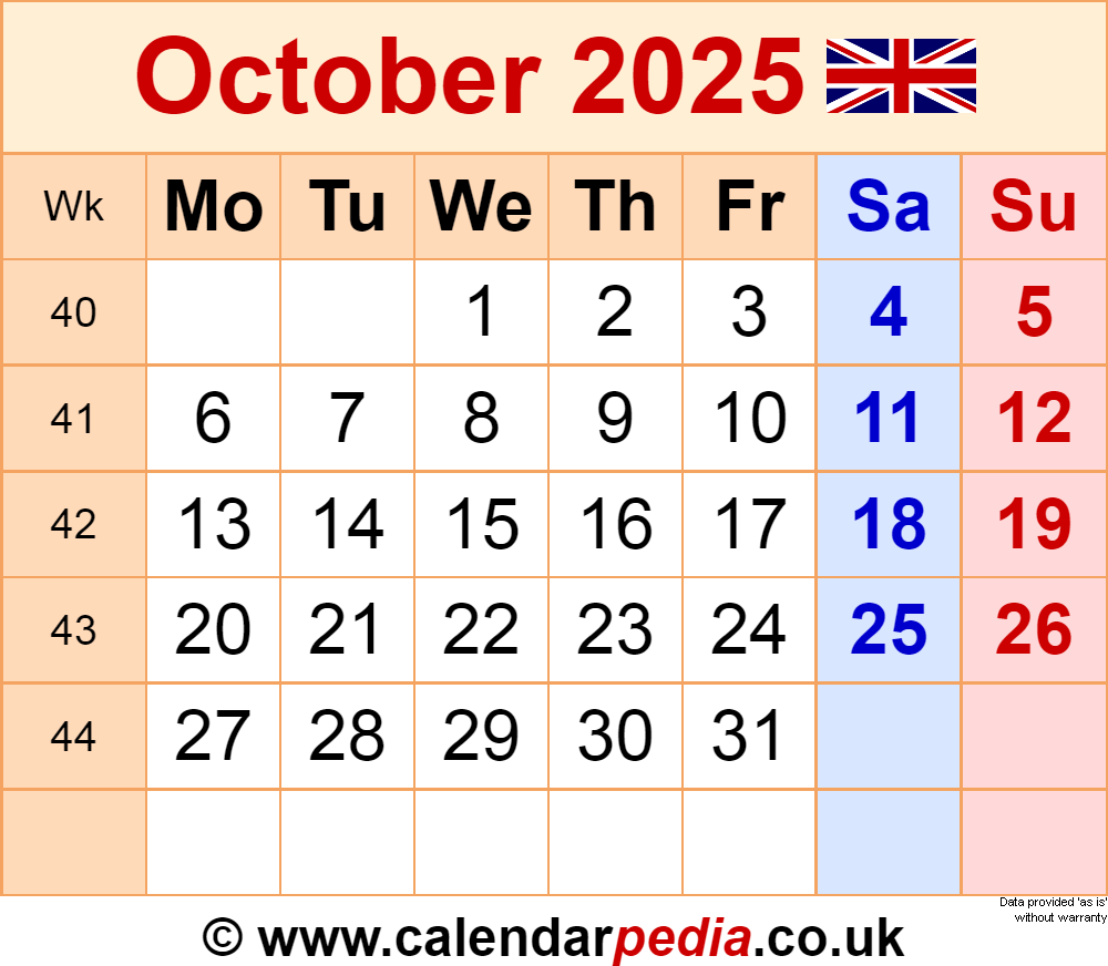 Calendar October 2025 UK With PDF Excel And Word Templates