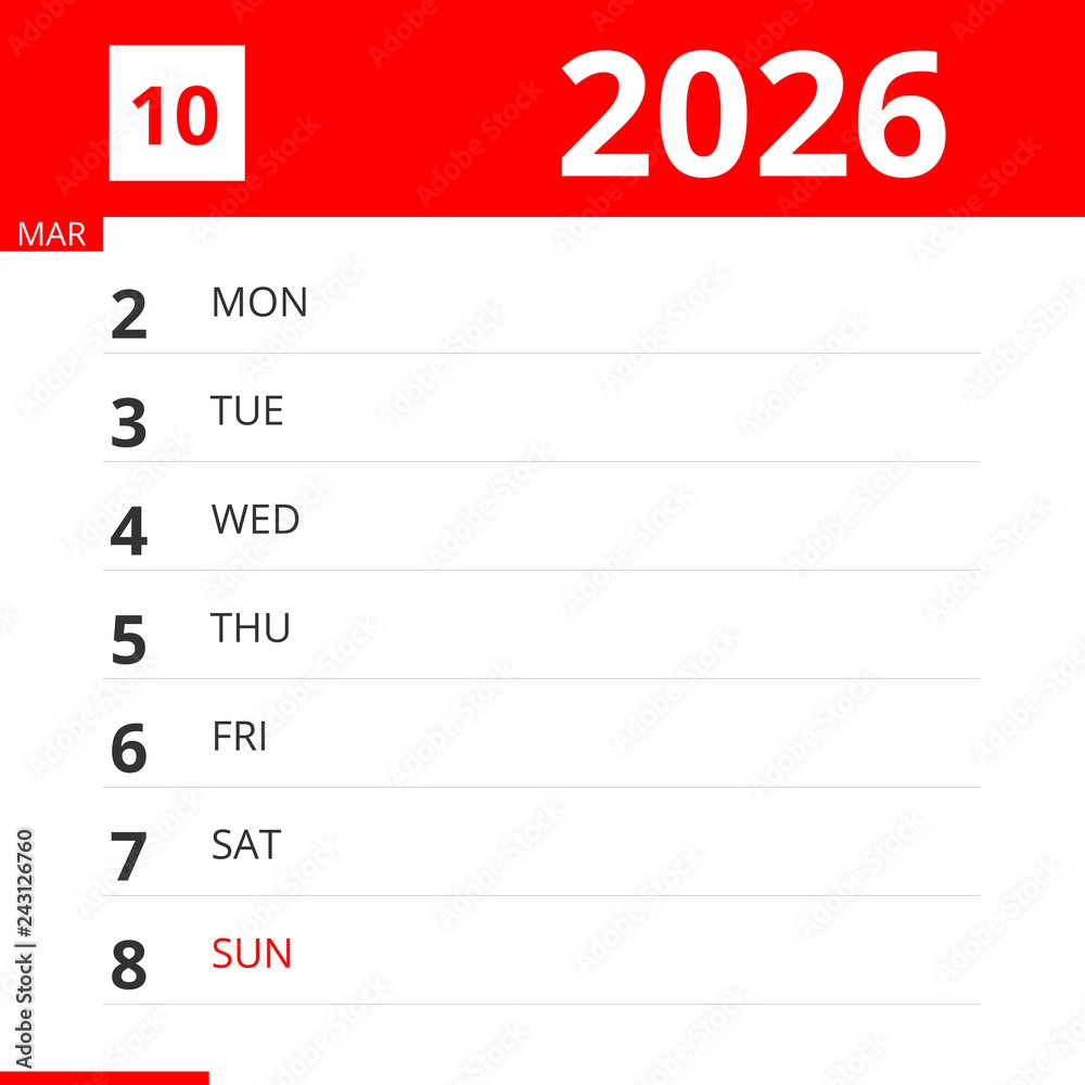 Calendar Planner For Week 10 In 2026 Ends March 8 2026 Stock Illustration Adobe Stock