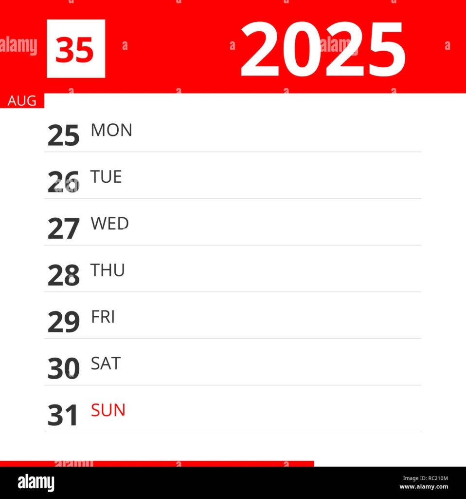Calendar Planner For Week 35 In 2025 Ends August 31 2025 Stock Photo Alamy