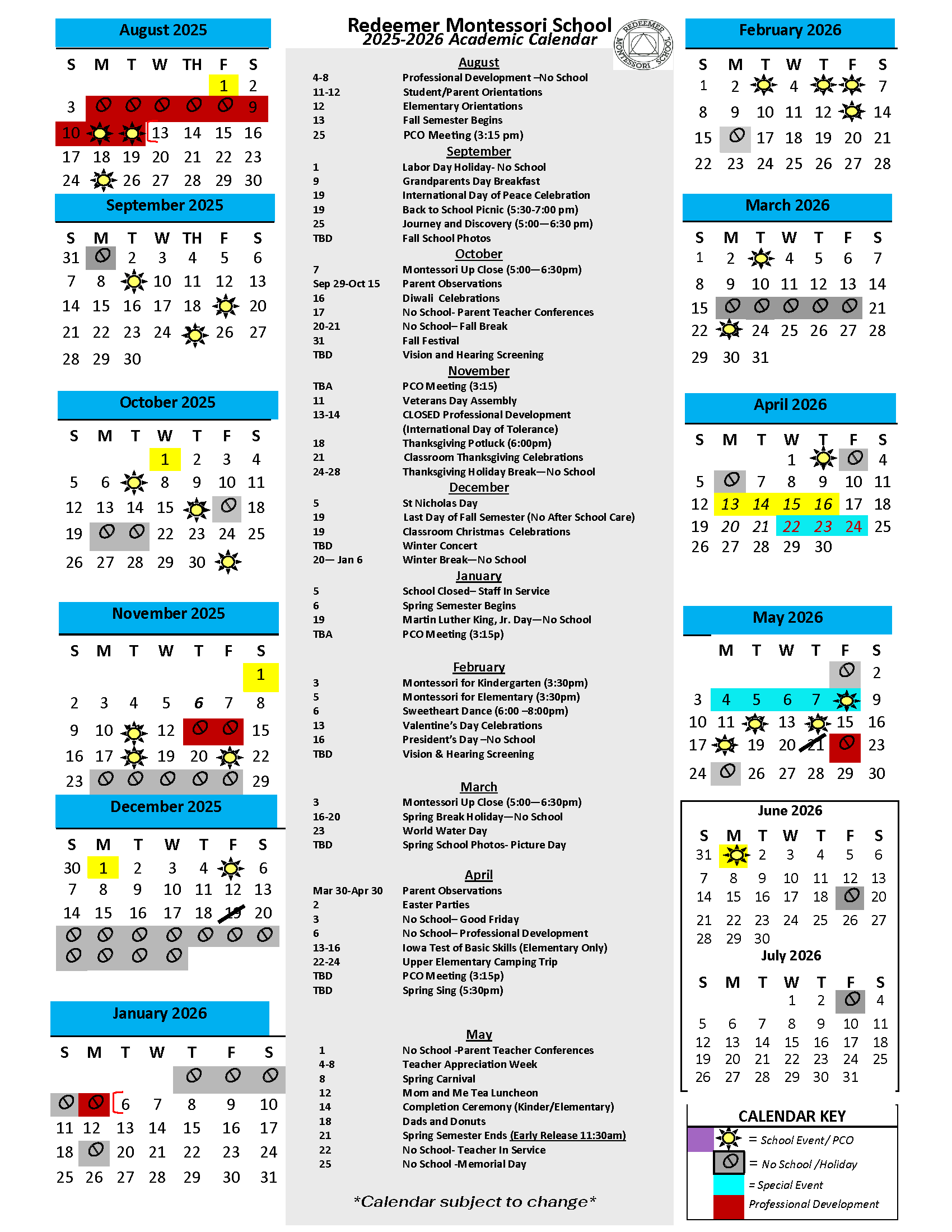 Calendars Redeemer Montessori School Calendars Redeemer Montessori School