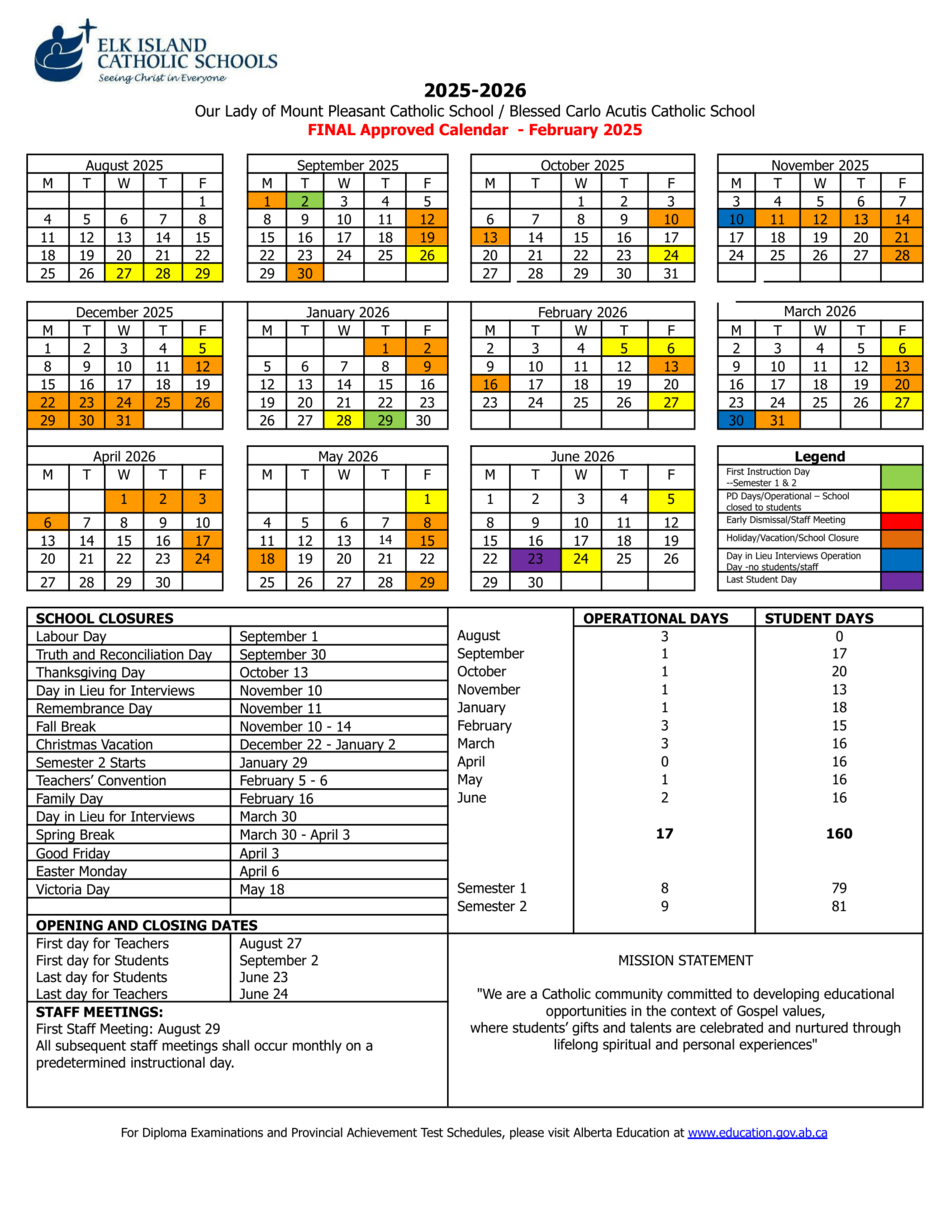 Camrose Calendars Approved For 2025 2026 School Year Our Lady Of Mount Pleasant Catholic School
