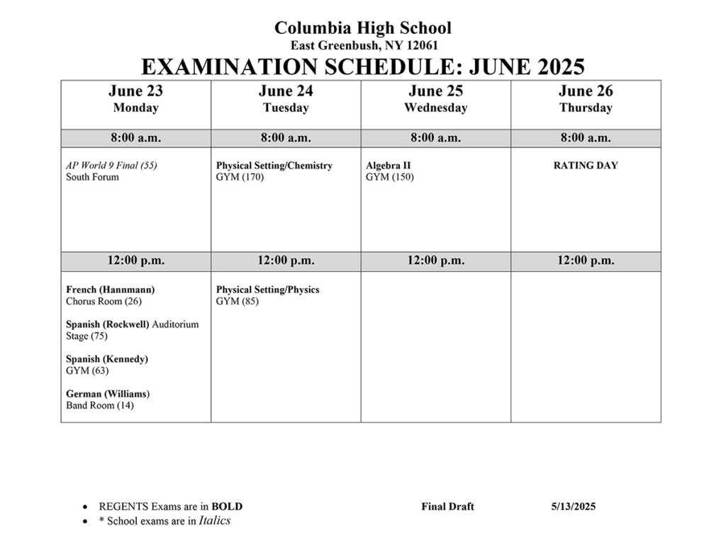 Columbia Regents Exam Schedule June 2025 East Greenbush CSD
