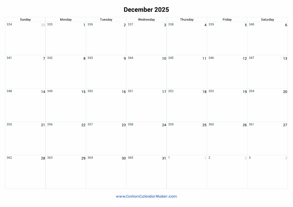 December 2025 Day Number Of The Year Calendar Custom Calendar Maker