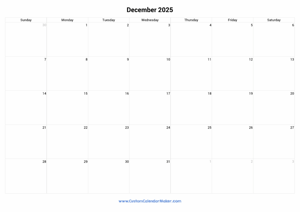 December 2025 Landscape Calendar With Large Boxes Custom Calendar Maker