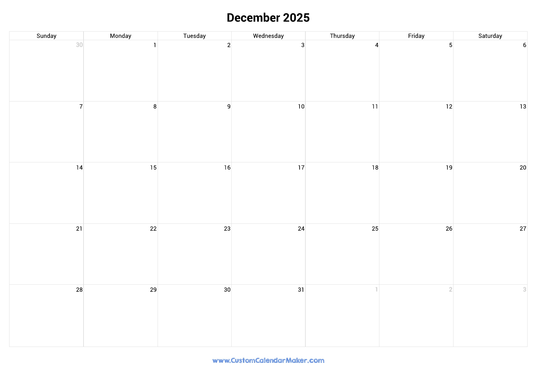 December 2025 Landscape Calendar With Large Boxes Custom Calendar Maker