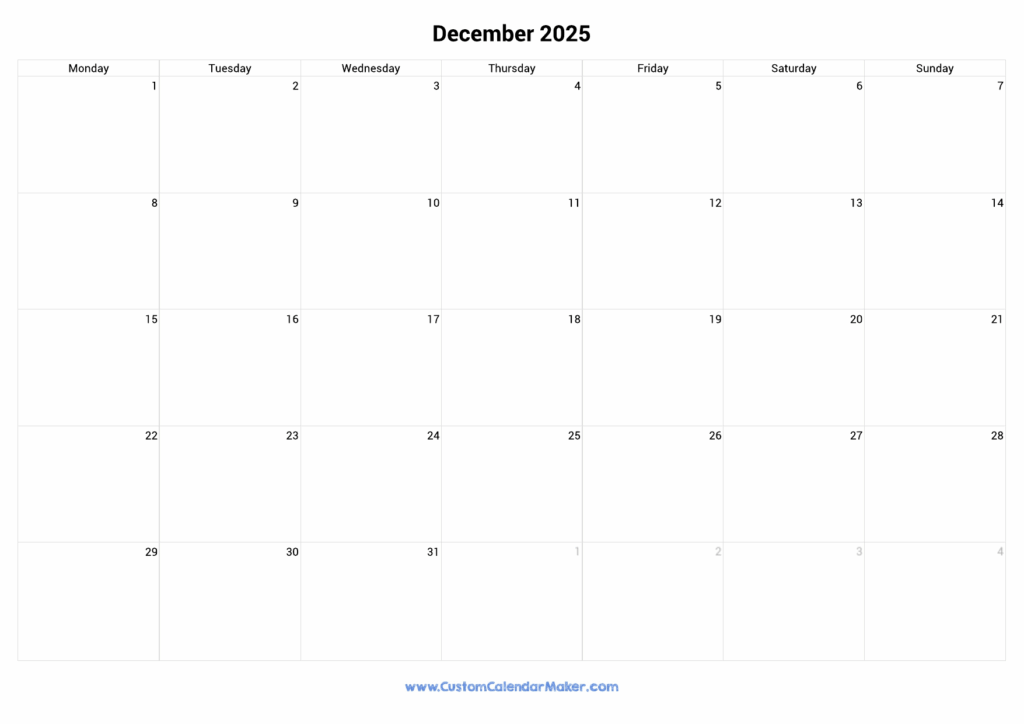 December 2025 Monday Start Calendar Monday To Sunday Custom Calendar Maker