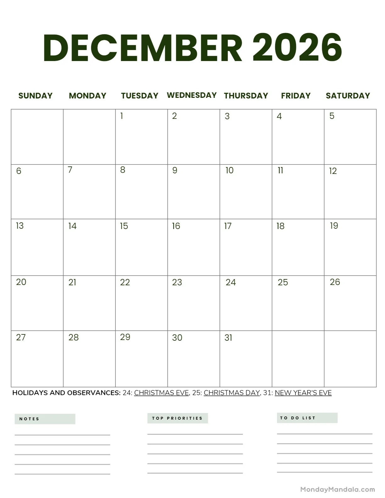 December 2026 Calendars 52 Free PDF Printables December 2026 Calendars 52 Free PDF Printables