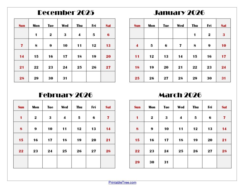 December To March 2026 Calendar Printable PDF Four Months Calendar