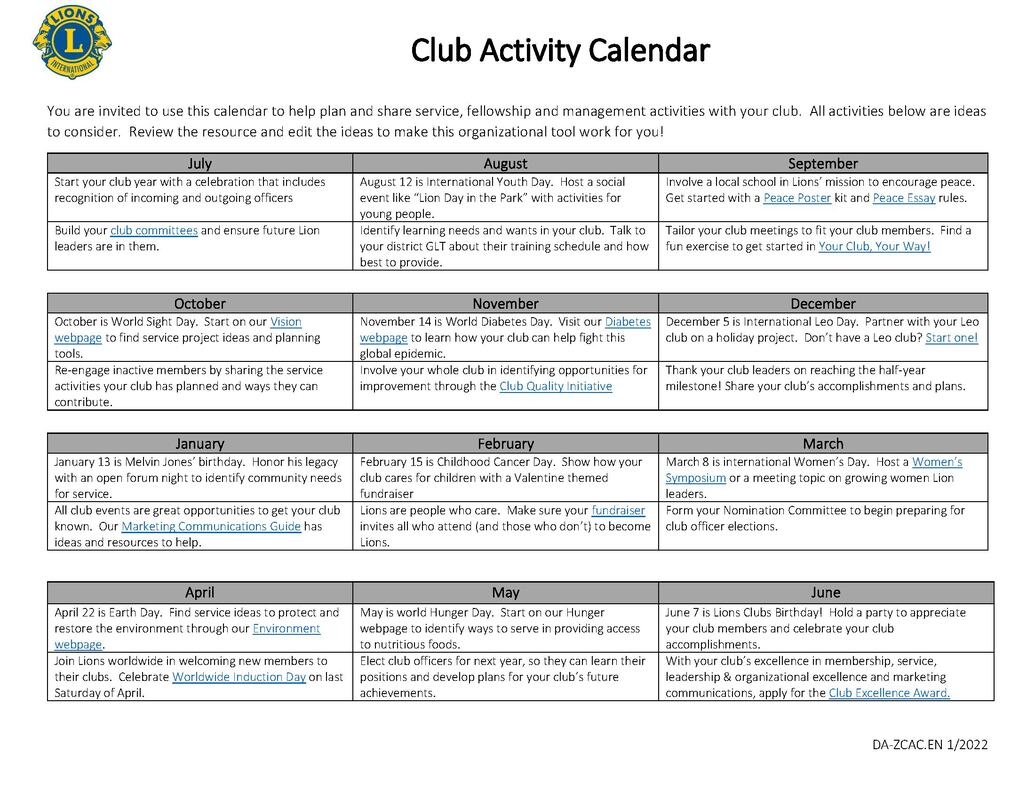 District Calendar DISTRICT 4 L6 LIONS