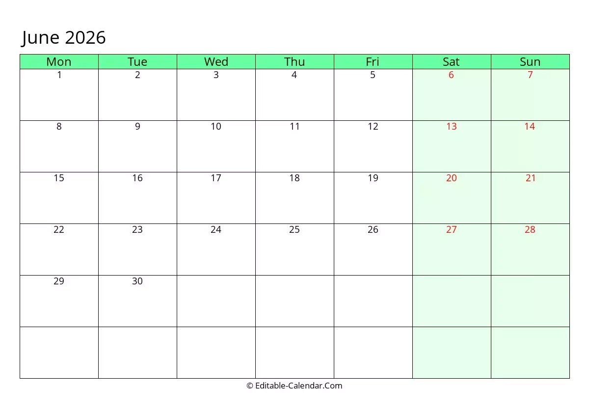Download Editable Calendar June 2026 Monday Start