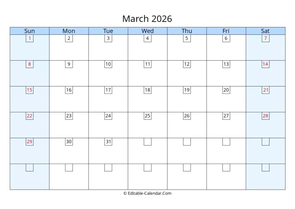Download Editable Calendar March 2026 Weeks Start On Sunday