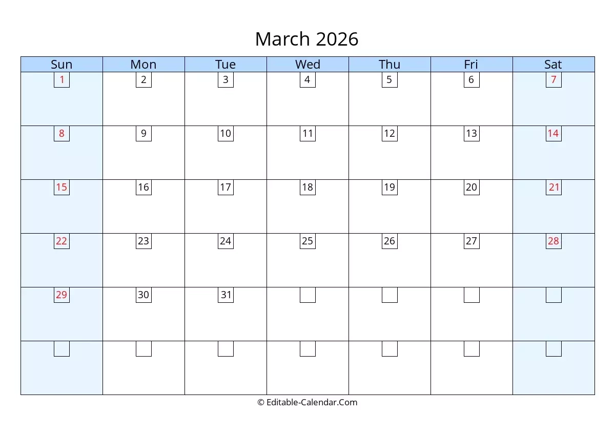 Download Editable Calendar March 2026 Weeks Start On Sunday