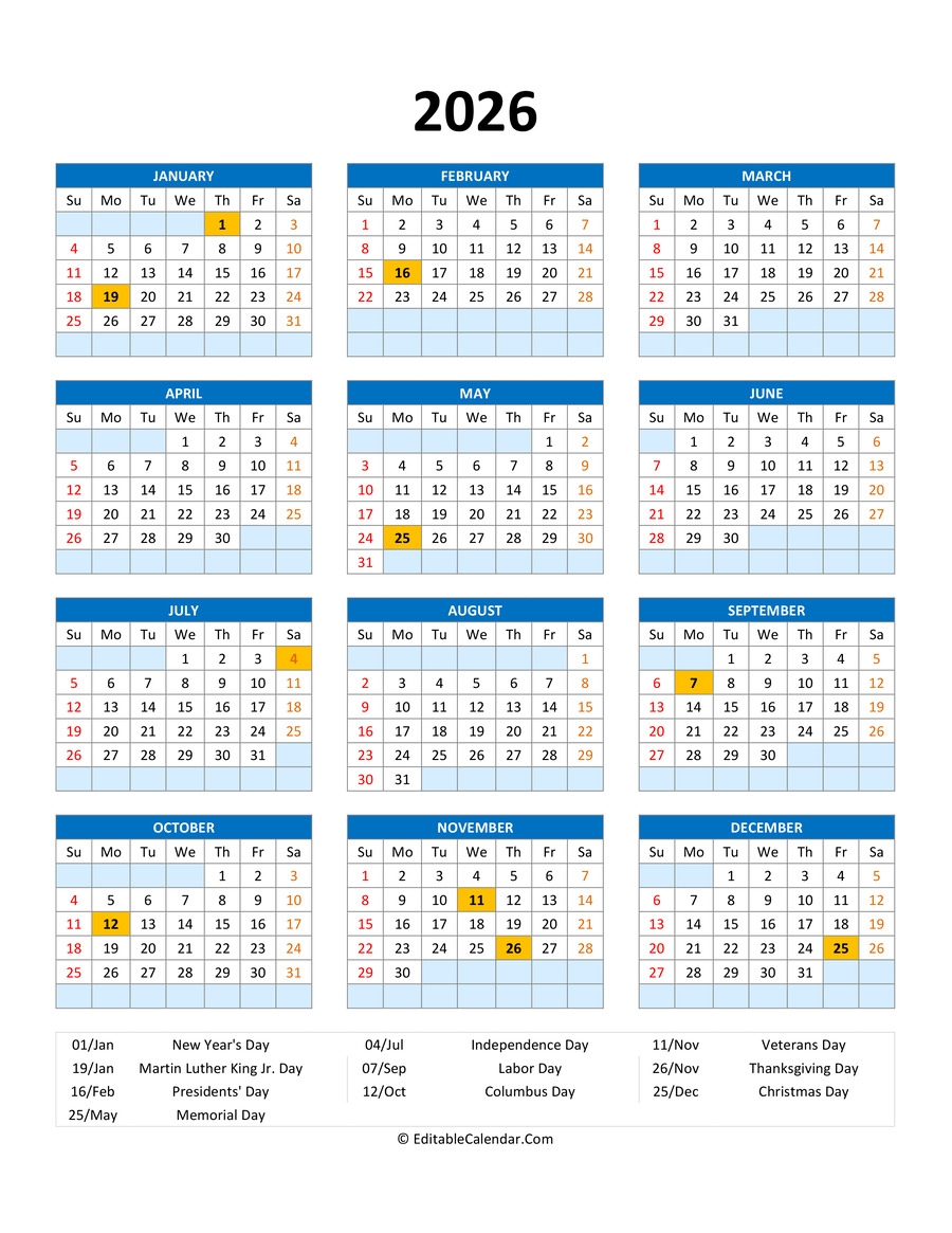 Editable 2026 Calendar With With Holidays Editable 2026 Calendar With With Holidays