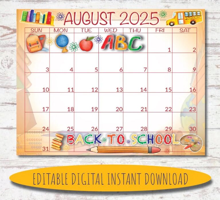 Editable August 2025 Calendar Digital Calendar Printable Calendar August Calendar Watercolor Calendar August 2025 Calendar Etsy